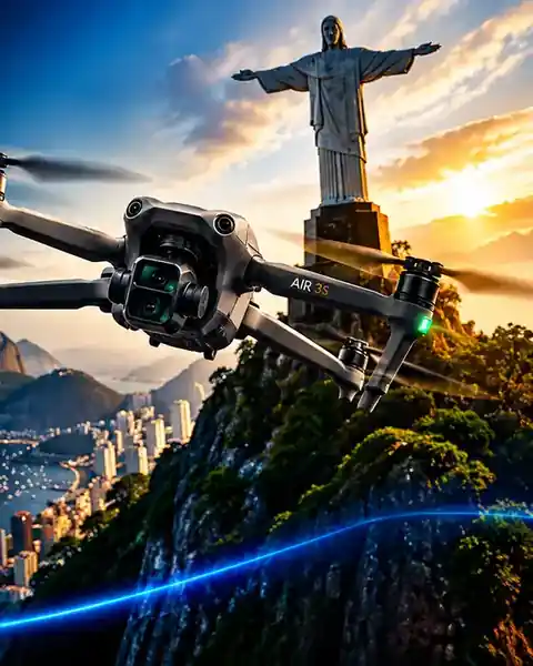 Drone em voo sobre a orla e os morros do Rio de Janeiro ao entardecer